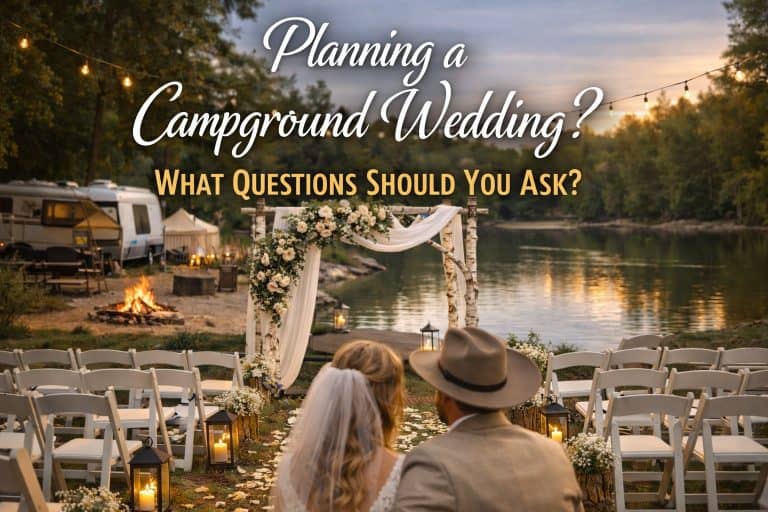 Planning a campground wedding by the lake with a rustic outdoor ceremony setup at sunset