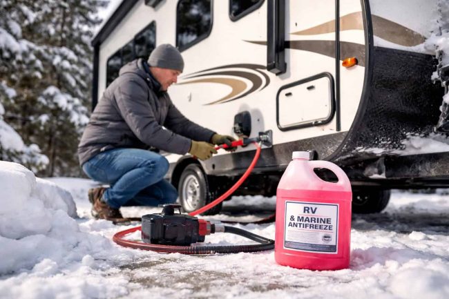 Man winterizing an RV in snowy conditions using RV antifreeze before off-season storage