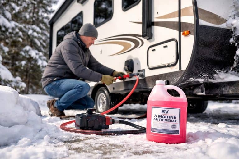 Man winterizing an RV in snowy conditions using RV antifreeze before off-season storage