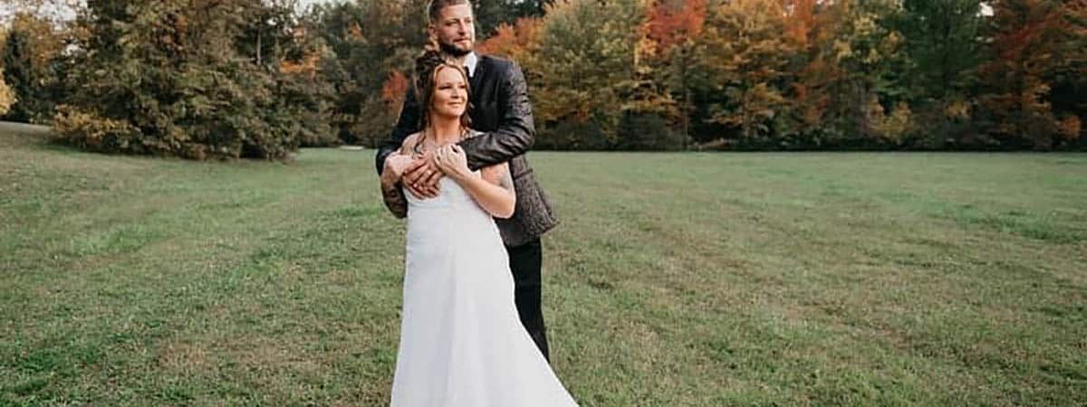 Bride and groom during an outdoor wedding at American Wilderness Campground near Cleveland, Ohio