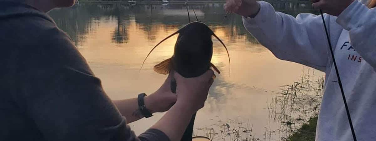 Family catching a fish together during an evening at American Wilderness Campground in Grafton, Ohio