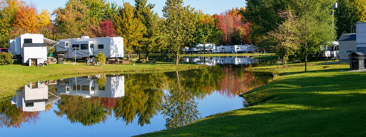 Full hookup RV sites overlooking the lake at American Wilderness Campground near Cleveland, Ohio