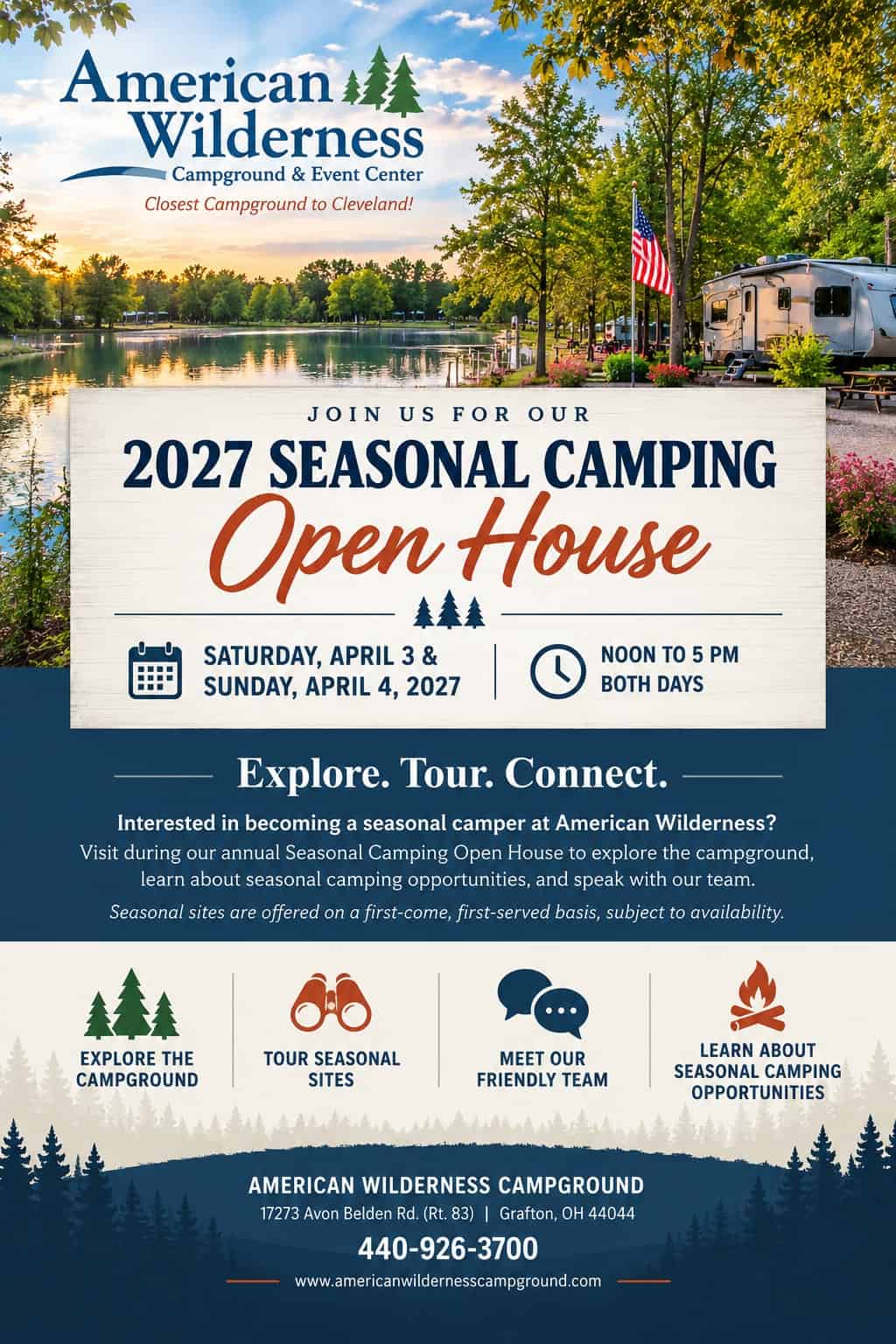 2027 Seasonal Camping Open House at American Wilderness Campground in Grafton, Ohio, April 3–4, from noon to 5 PM.